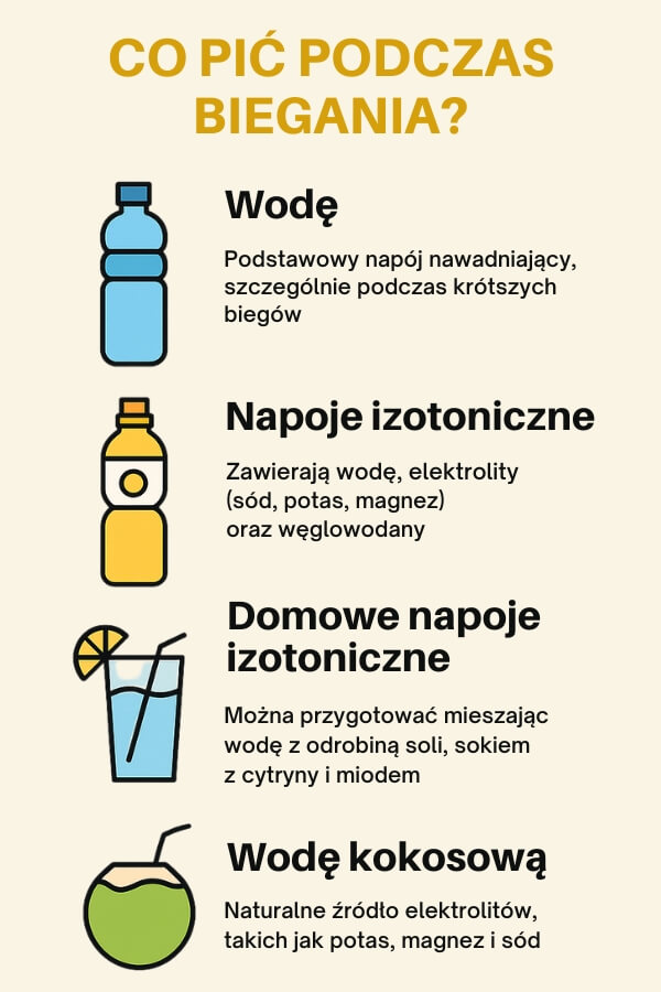 Co pić podczas biegania - infografika z przykładami Co pić podczas biegania - przykłady napoi