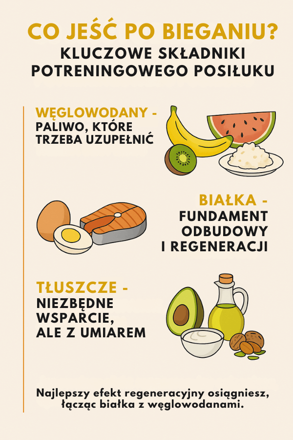 Infografika z najważniejszymi składnikami w posiłku po bieganiu Co jeść po bieganiu? Najważniejsze składniki odżywcze - infografika