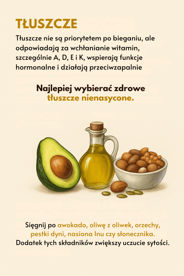 Co jeść po bieganiu? Zdrowe tłuszcze w posiłkach - infografika Tłuszcze w posiłku po treningu biegowym - ilość i źródła