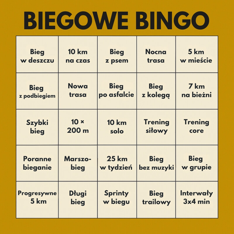 biegowe wyzwania w formie bingo