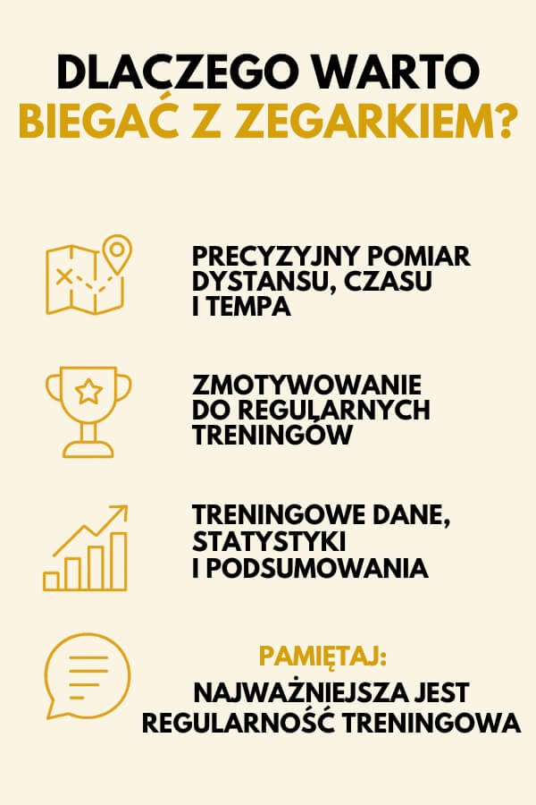 plusy biegania z zegarkiem - infografika infografika przedstawiająca zalety biegania z zegarkiem
