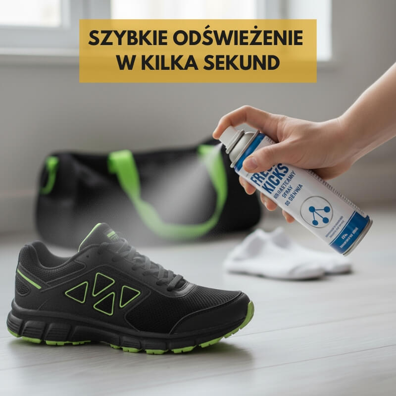 aplikowanie sprayu do butów na brzydki zapach psikanie buta sprayem dezynfekującym