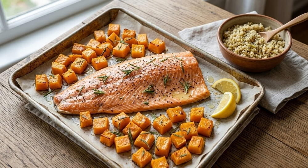 posiłki wysokobiałkowe – przepisy na łososia pieczonego z warzywami posiłki wysokobiałkowe – przepisy na łososia z piekarnika
