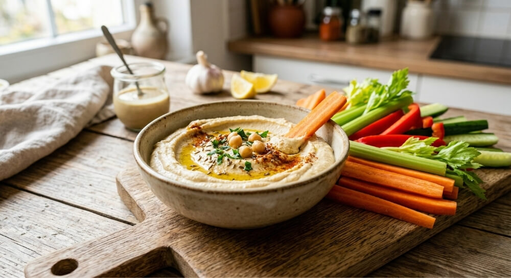 hummus z pokrojonymi warzywami do maczania hummus z warzywami