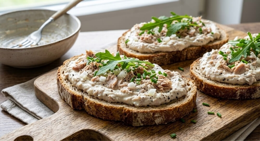 białkowe kromki z pastą z tuńczyka kanapki z pastą z tuńczyka