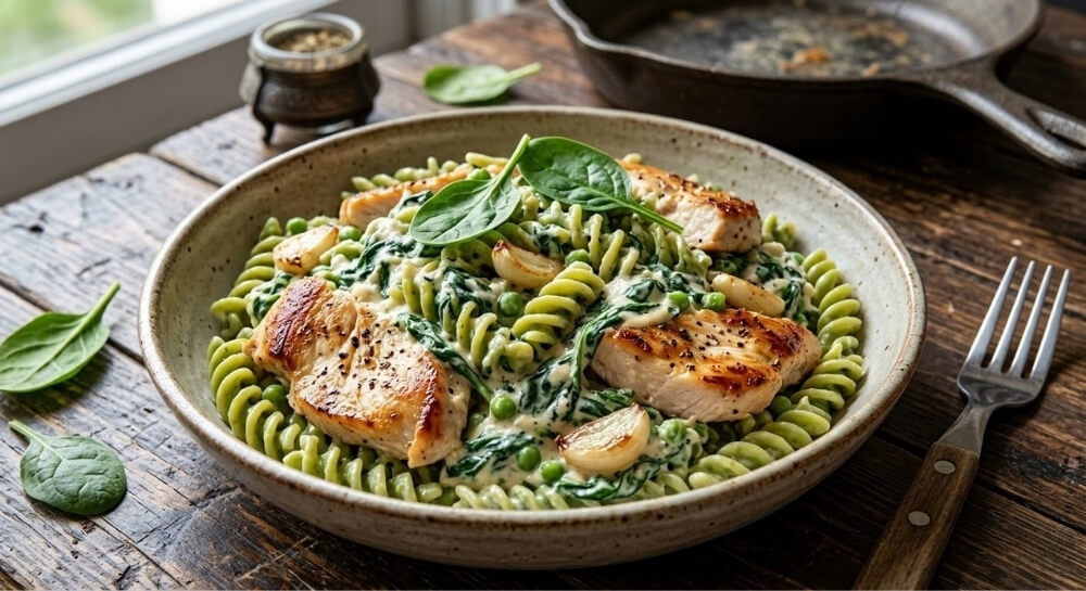 makaron wysokobiałkowy ze szpinakiem makaron ze szpinakiem i kurczakiem