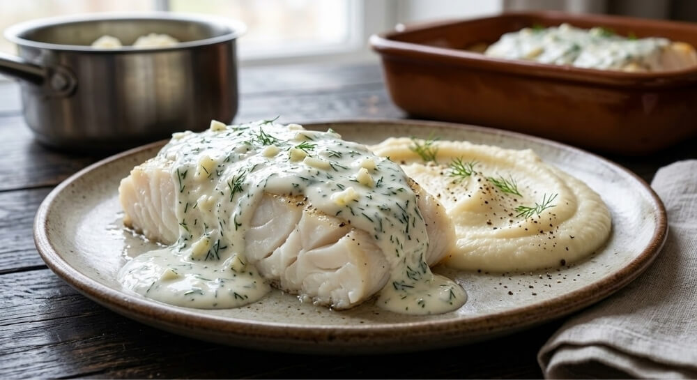 ryba z sosem i puree dorsz z puree z kalafiora