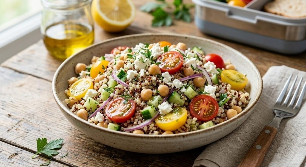 posiłki wysokobiałkowe – przepisy na sałatkę z ciecierzycą i komosą posiłki wysokobiałkowe – przepisy na sałatkę z fetą