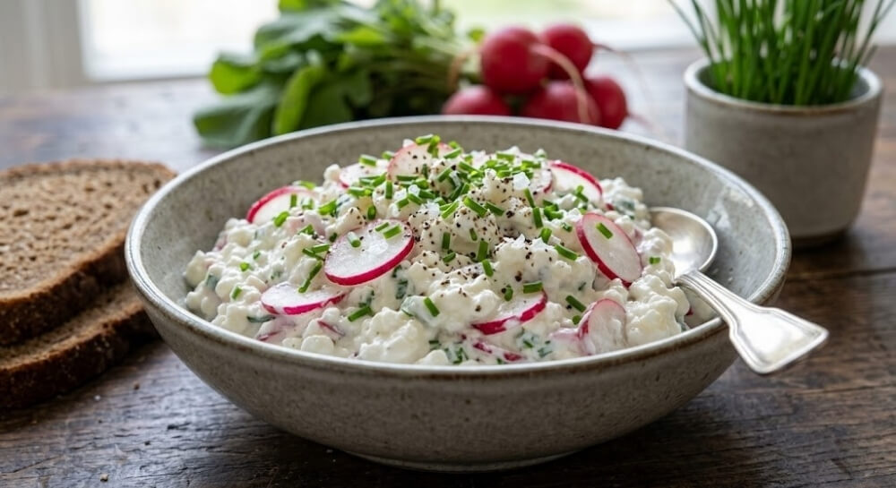 chudy twaróg z rzodkiewką i szczypiorkiem twaróg w misce z rzodkiewką